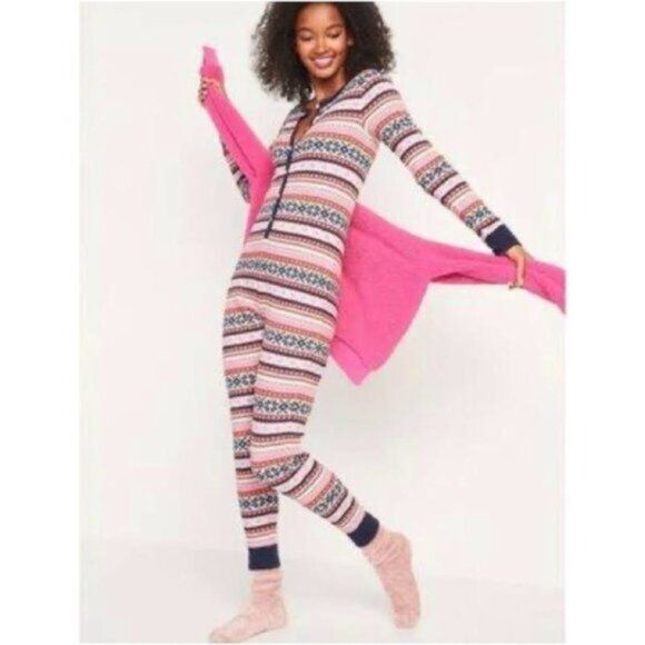Old Nay Multicolored Patterned Holiday Winter Waffle-Knit One-Piece Pajamas - Picture 1 of 7
